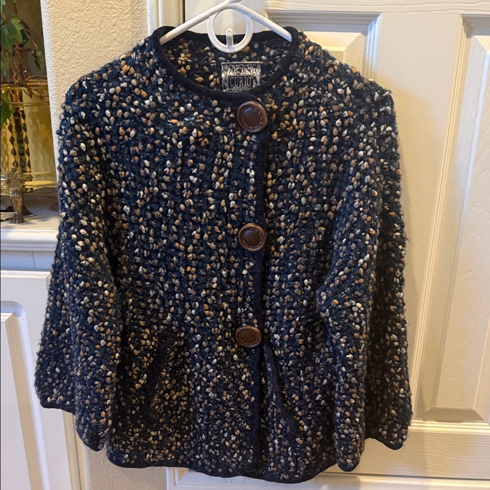 Anthropologie Navy and Cream Textured popcorn Cardigan jacket oversized buttons
